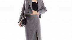 Mango cropped double breasted blazer and tailored split front skirt in grey | ASOS